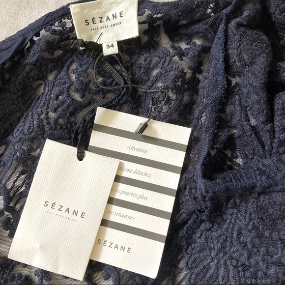 Sezane Daisy lace cropped long sleeve blouse in navy size FR 34 US 2/XS. - Picture 5 of 14